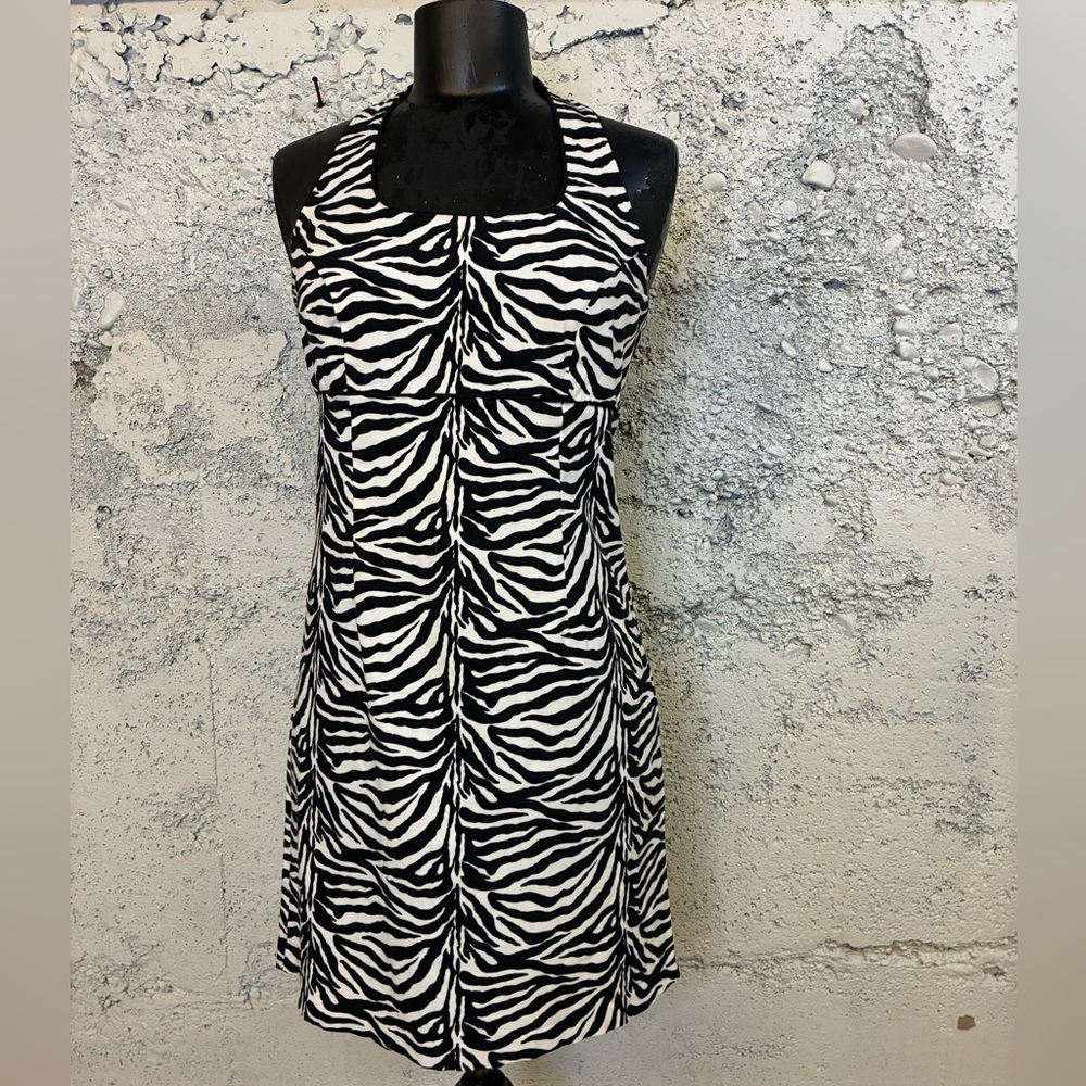 Robbie Bee Halter Mini Dress Zebra Animal Print white and Black twill